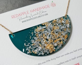 Teal Mirror Half Moon Necklace with Gold and Silver Flake | Statement Resin Jewellery | RedApple Original