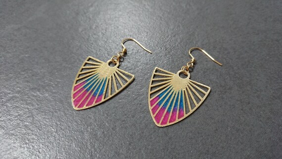 Sunbeam Drop Earrings in Retro Pink and Blue | Brass with Gold Anodised Surgical Steel