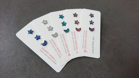Three Galaxy Star and Moon Stud Earrings | Surgical Steel | Mix and Match