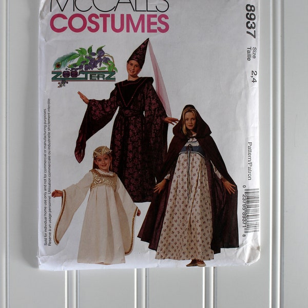 McCall's 8937 Medieval Costumes Dress Hat Hooded Cape Vest Belt Gown Uncut Sewing Pattern Children's Size 2 4  Renaissance