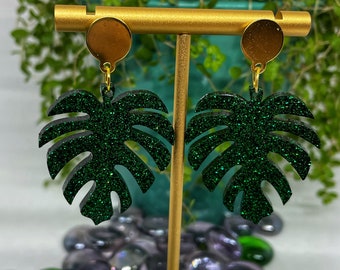 Dark Green or Green + Gold Monstera Leaf Glitter Resin Earrings Sparkly Handmade Gold hardware Statement Earrings Forest Leaf Jungle