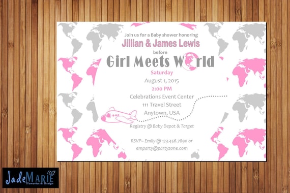 Baby Shower Pink Gray Invitation Girl Meets World Airplane Digital Invite Shower Etsy