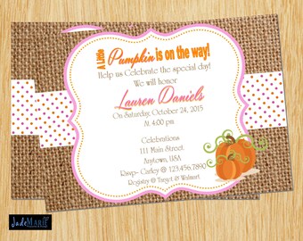 Little pumpkin baby shower invite- digital pink_orange burlap girl baby shower invitation