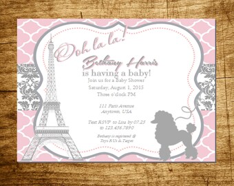 Paris inspired Printable Invite pink gray baby shower digital invitation
