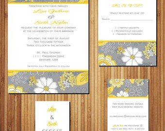 Printable wedding invitation suite- Invite, RSVP, Info/Reception card, & Wedding logo [The Lola Design] yellow gray floral