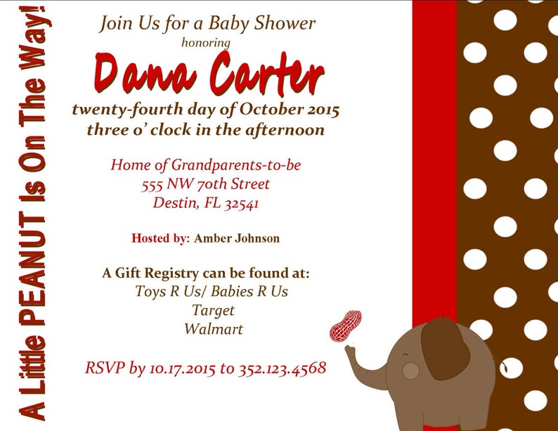 Little Peanut Elephant Baby Shower 1st Birthday Invite red brown Printable invitation image 3