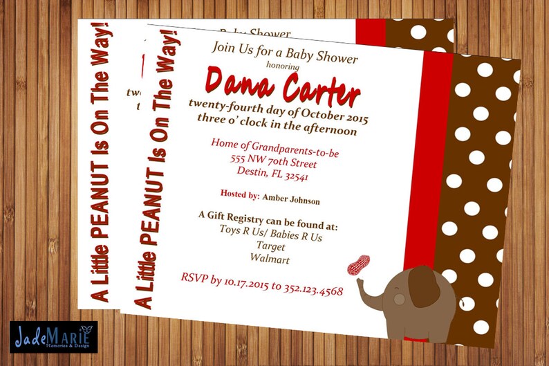 Little Peanut Elephant Baby Shower 1st Birthday Invite red brown Printable invitation image 2