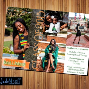 May include: A graduation announcement for Mariah J. Anderson, Class of 2015, from Florida A&M University. The announcement features a collage of photos of the graduate in her cap and gown, with a green and gold sash, and a black dress. The announcement also includes the date and time of the commencement ceremony, the location of the ceremony, and the graduate's degree.