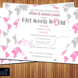 Baby shower pink gray invitation- Girl meets world- airplane digital invite shower