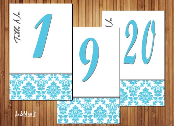 Wedding Table Number cards- digital instant download teal damask- Noa Design Il_570xn