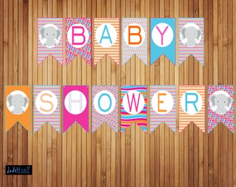 Orange Pink teal Elephant Baby shower Banner- Printable Banner DIY