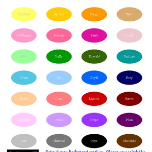 May include: Color chart with 24 color choices for font and graphics. The colors are named with words like Sunshine, Bubblegum, Mint, Ocean, Peach, Lavender, Ash, and Chocolate.