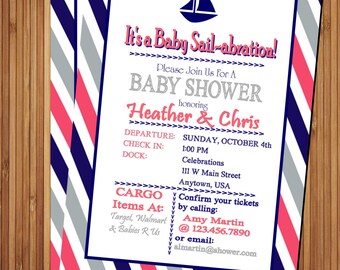 Baby Girl shower invite-- Nautical Boat themed- Birthday party Invitation- Coral_navy Nautical Bridal shower