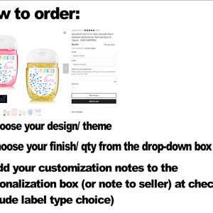 May include: Two small bottles of hand sanitizer with colorful confetti designs and the text "Sprinkled with Love" on the labels. The bottles are pink and yellow. The image includes instructions on how to order the hand sanitizer.