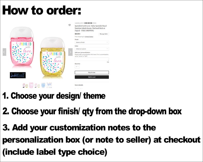 May include: Two small bottles of hand sanitizer with colorful confetti designs and the text "Sprinkled with Love" on the labels. The bottles are pink and yellow. The image includes instructions on how to order the hand sanitizer.