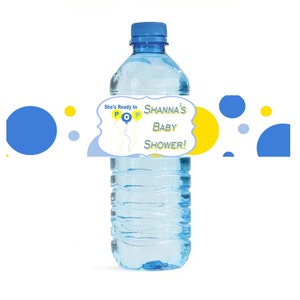 Ready To POP water bottle labels- - printable blue yellow dots baby shower