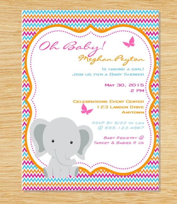 Custom Orange Pink Teal Baby shower Printable Invite Elephant chevron Invitation Girl Digital Il_570xn