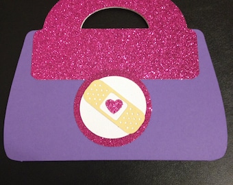 Adorable Doc Mcstuffins Dr. Bag Invite Birthday party 1st Birthday Purple Hot Pink Glitter Invitations