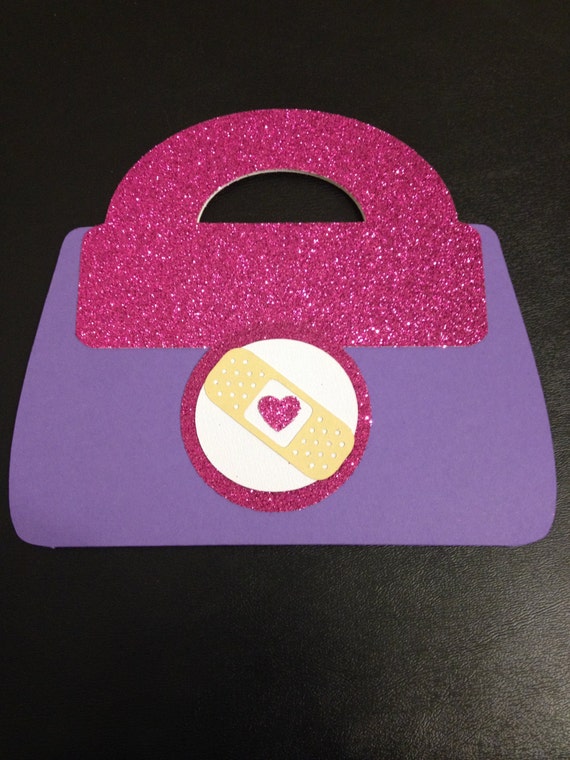 Adorable Doc Mcstuffins Dr. Bag Invite Birthday party 1st Birthday Purple Hot Pink Glitter Invitations Il_570xn