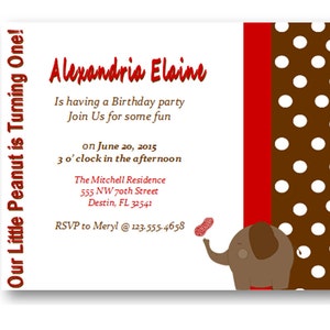 Little Peanut Elephant Baby Shower 1st Birthday Invite red brown Printable invitation image 4