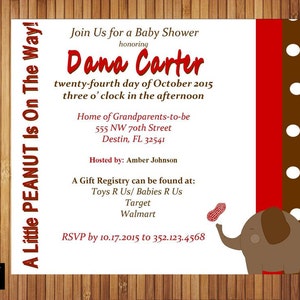 Little Peanut Elephant Baby Shower 1st Birthday Invite red brown Printable invitation image 1