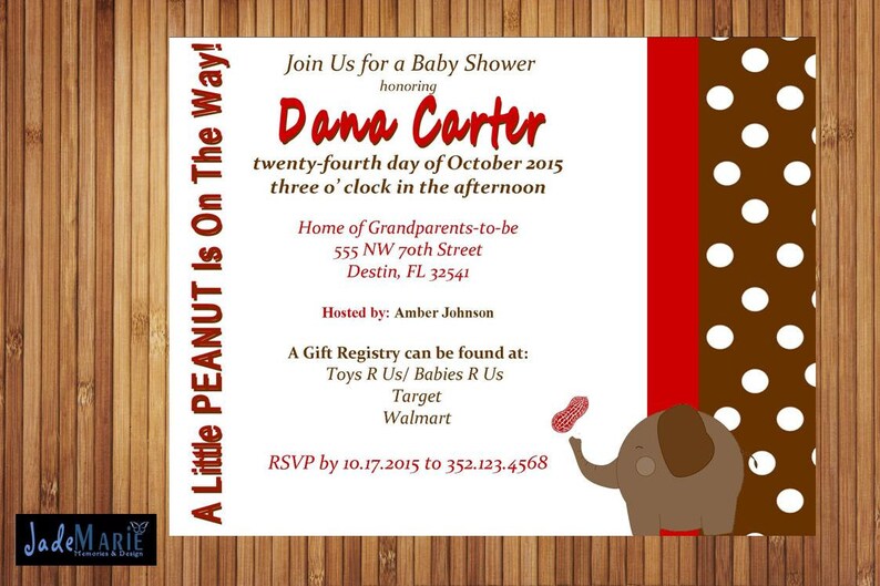 Little Peanut Elephant Baby Shower 1st Birthday Invite red brown Printable invitation image 1