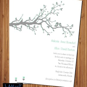 May include: Wedding invitation with a gray and light blue tree branch design with birds on the branch. The text reads "Sakenia Anne Herschel and Allen David Burton Invite you to share in their joy As they unite in marriage on Saturday, October 17 Two Thousand Fifteen 4 o'clock in the afternoon King's Isle Country Club Jacksonville, Florida Reception to follow by invitation only"