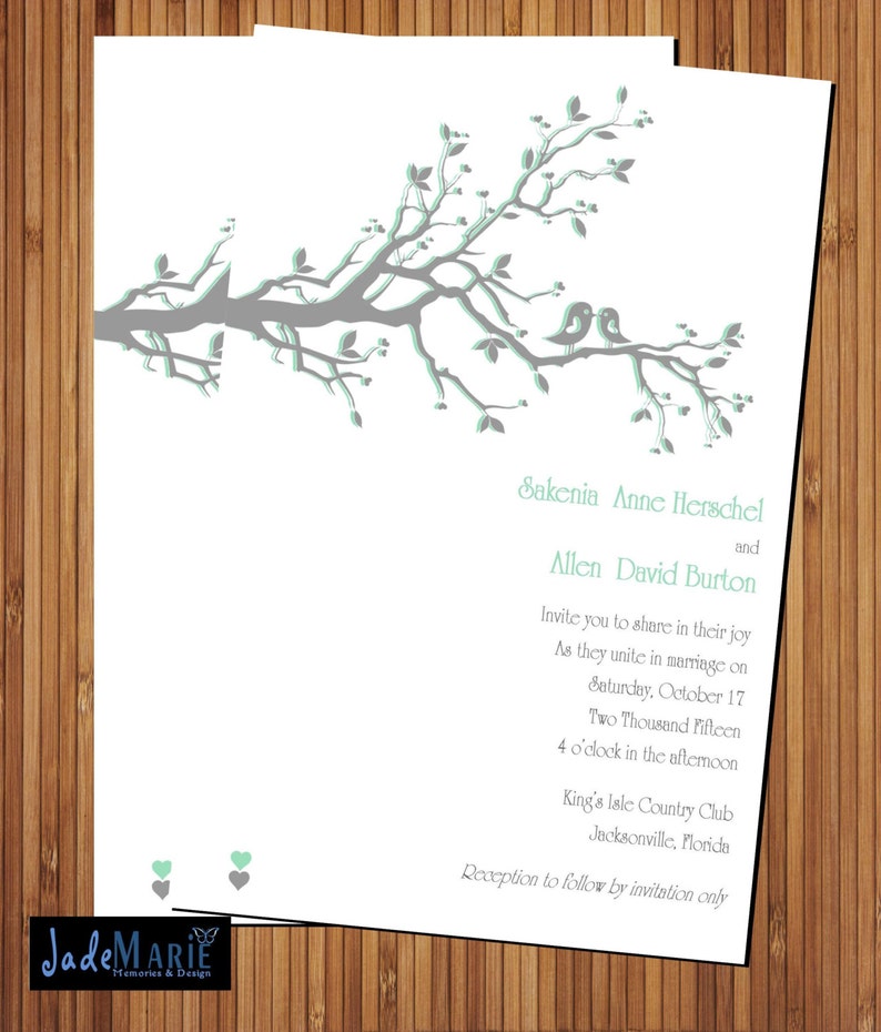 May include: Wedding invitation with a gray and light blue tree branch design with birds on the branch. The text reads "Sakenia Anne Herschel and Allen David Burton Invite you to share in their joy As they unite in marriage on Saturday, October 17 Two Thousand Fifteen 4 o'clock in the afternoon King's Isle Country Club Jacksonville, Florida Reception to follow by invitation only"