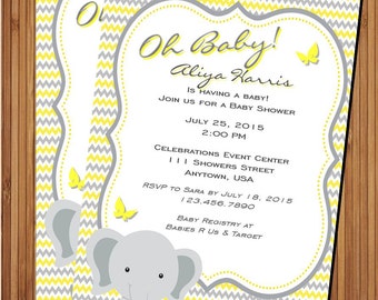 Yellow and Grey chevron Little elephant Baby Shower invitation Printable