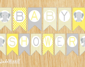 Yellow Gray Elephant Baby shower Banner- Printable Banner DIY