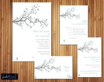 Printable wedding invitation suite- Invite, RSVP, Info/Reception card- Mint_gray Lovebirds [The Sakenia Design]