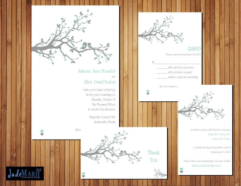May include: Wedding invitation with a gray tree branch design and two birds in light blue. The invitation includes the names Sekenis Anne Henschel and Allen David Barton, the date Saturday, October 11, Two Thousand Fifteen, and the time 4 o'clock in the afternoon. The location is Kinya Isle Country Club, Jacksonville, Florida.