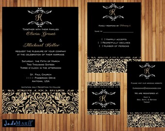 Printable wedding invitation suite- Invite, RSVP, Info/Reception card, & Monogram Damask [The Noa Design]