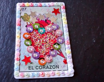 1 loteria art card Corazon Heart gift tag birthday mixed media assemblage collage nicho ofrenda alter shrine dia los muertos handmade gift