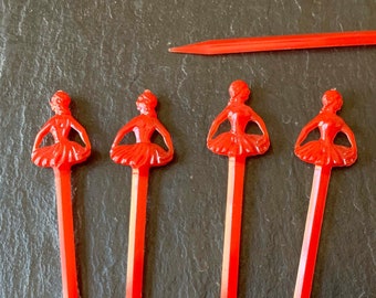 12 ALL RED ballerina toppers VTG 60s plastic dancer cake martini olive cocktail swords appetizer fruit kitsch picks ballet girl party favors