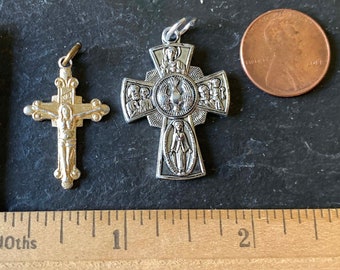 1 or 2 gold tone fancy crucifix or silver tone 5 way scapular spirit dove cross Hong Kong medal pendant religious collector gift for him him