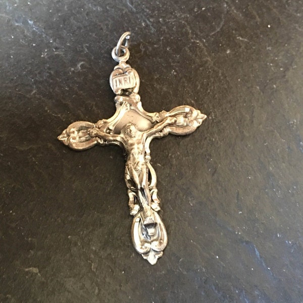 2" marked Catamore Sterling Crucifix VTG silver Jesus Christ INRI art noveau large cross necklace pendant religious 925 jewelry unisex gift