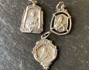 1 UNIQUE VTG 925 1x1/2" small mini St Therese of Lisieux sterling or 800 silver shield or cut out Saint medal pendant religious jewelry gift