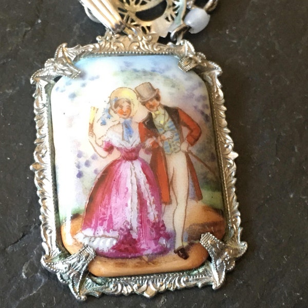VTG 1x3/4" PSCO handpainted porcelain courting couple cameo pendant ornate filigree 800 silver necklace Victorian revival style jewelry gift