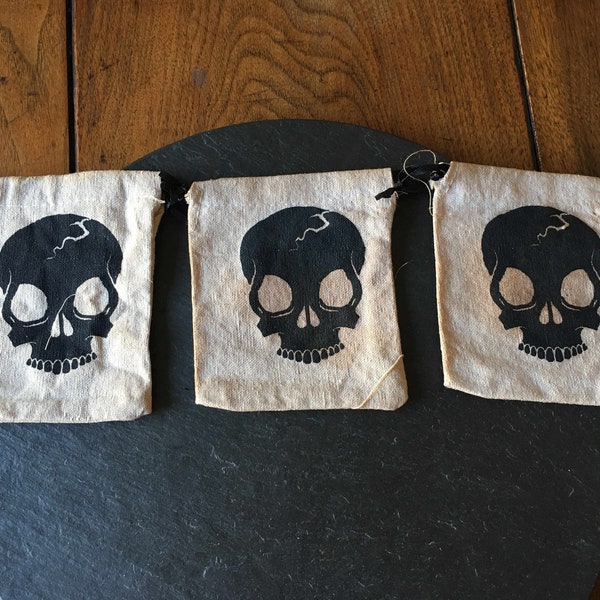 3 pirate sugar skull tea stained cloth fabric 4x4 drawstring jewelry bags mini tarot divinity card party favor Horror Movie Night craft gift