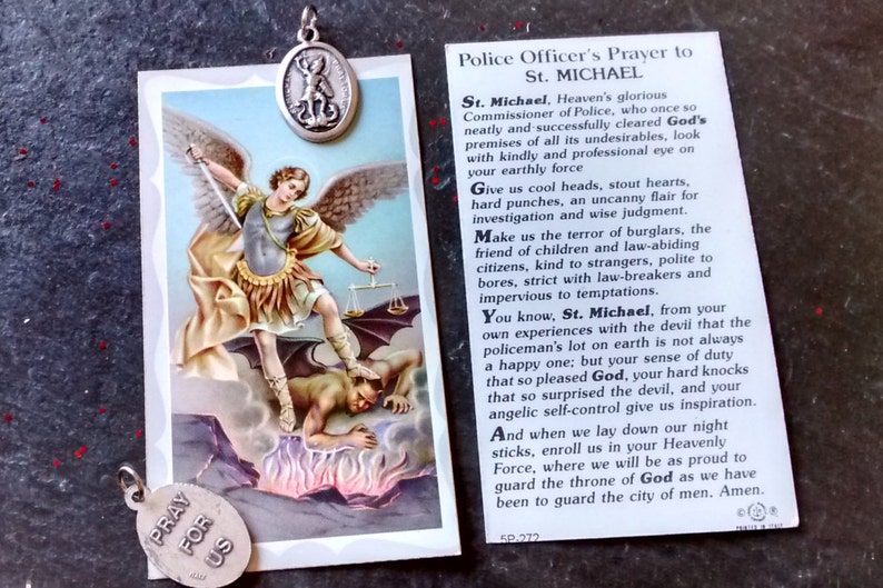 1 NOS VTG Police Prayer St Michael Holy card o Saint medal religious Marine Paratrooper army military protection jewelry unisex gift for him image 2