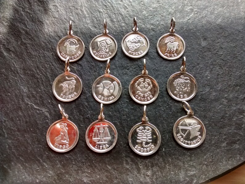 EACH 925 Zodiac horoscope 11 available VTG 80s sterling silvr charm mini astrology symbol pendant good luck Valentine birthday jewelry gift