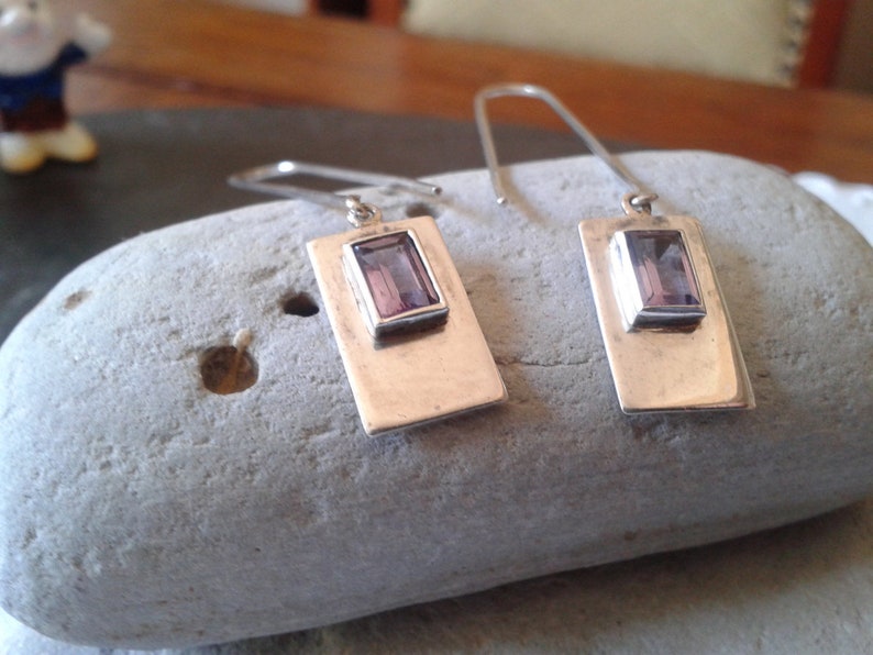 VTG 80s sterling silver minimalist modern geometric long dangle faceted amethyst earrings birthday 90s mod birthday jewelry gift for her