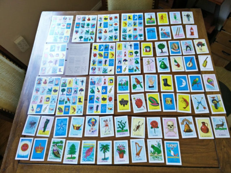 Loteria 10 game boards & 54 cards fiesta birthday DIY Mexican wedding craft Quinceañera taco centerpiece party mixed media art junk jouranal