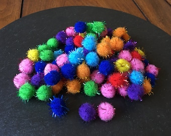 50 pc small 1/2-3/4" metallic tinsel sparkly multi color pom poms cat pet toy gift pom pom decor puff ball DIY kid craft mini garland supply