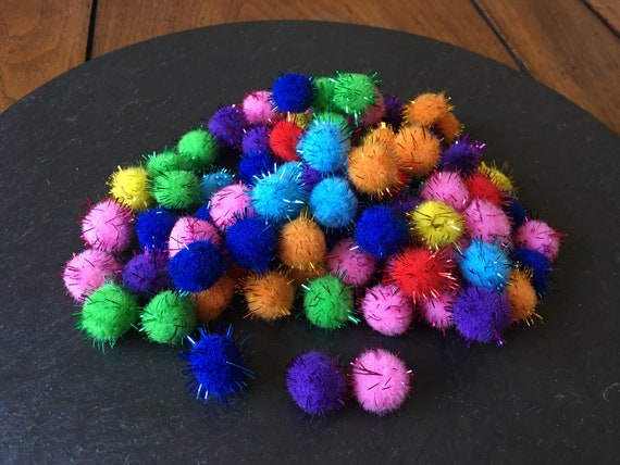 50 Pc Small 1/2-3/4 Metallic Tinsel Sparkly Multi Color Pom Poms Cat Pet  Toy Gift Pom Pom Decor Puff Ball DIY Kid Craft Mini Garland Supply 