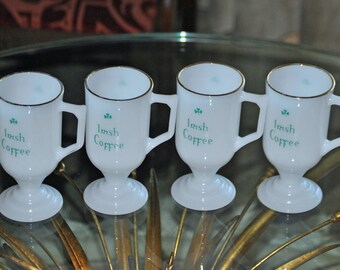IRISH COFFEE Mugs White Glass Pedestal -Vintage