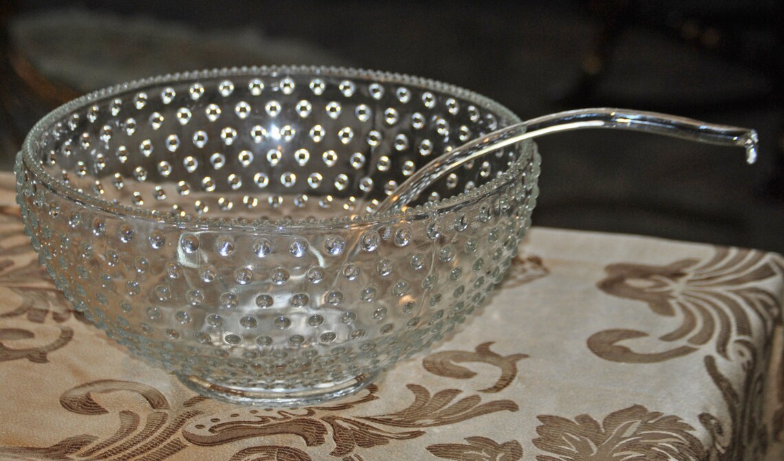 Vintage Clear Glass Hobnail Punch Bowl Set Etsy
