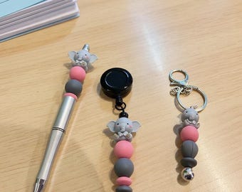 ELEPHANT Beaded Pen, Keychain, Retractable Badge Reel