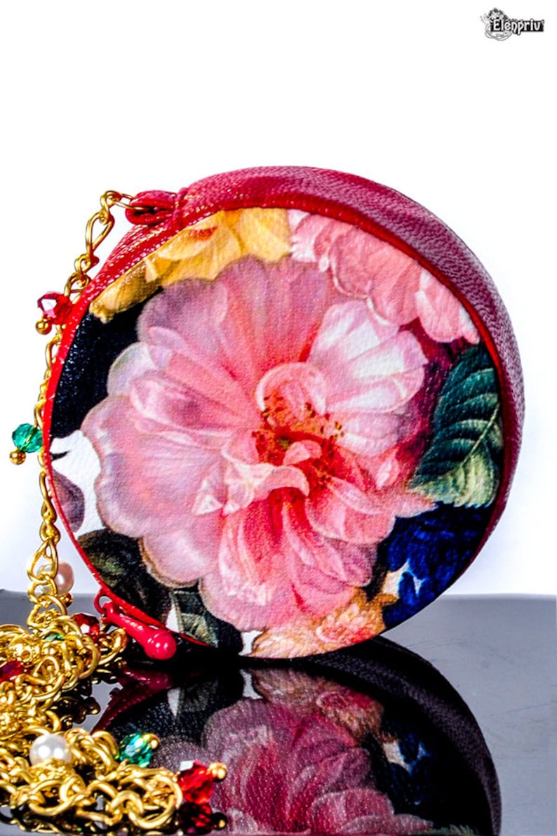 ELENPRIV round red leather with floral print bag for Fashion royalty FR:16 Tulabelle Tonner Poppy Parker 16 Sybarite Numina Kingdom dolls